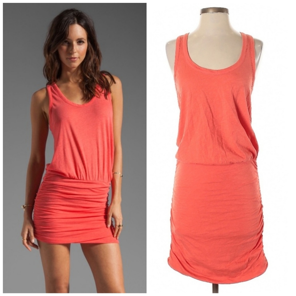 Soft Joie Coral Orange Ruched Tank Dress Size Small – Flattering Casual Pull-On